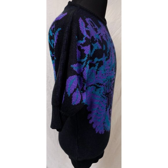 Leslie Fay Medium Black Purple Floral Aztec Tapered Body 3/4 Sleeves Sweater - Picture 11 of 14
